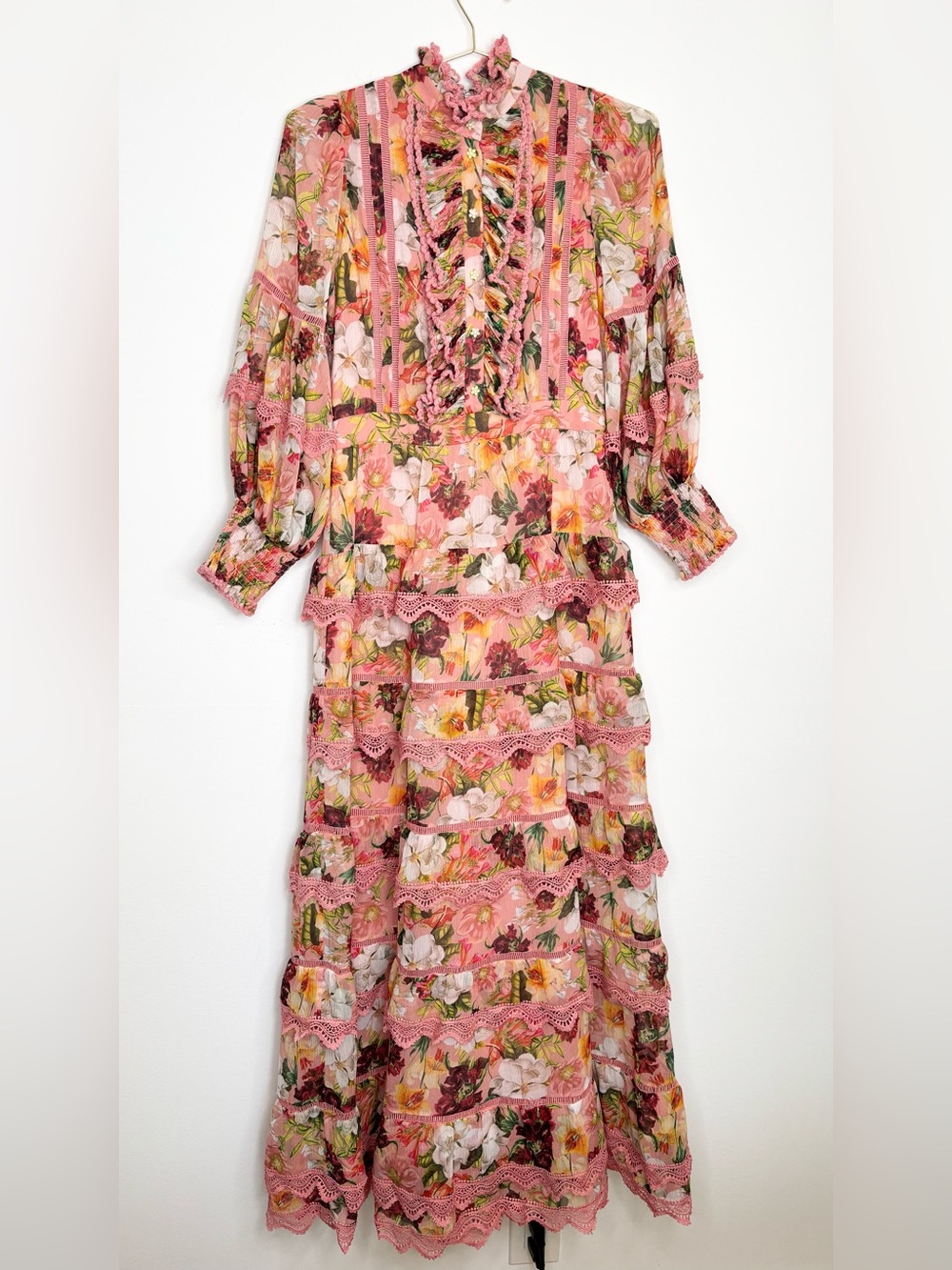 Alice + Olivia Brooke High Neck Maxi Dress Juniper Floral Rose Button Front 6 - Picture 9 of 16